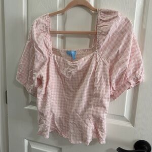 Draper James Pink Gingham Square-Neck Puff Sleeve Top